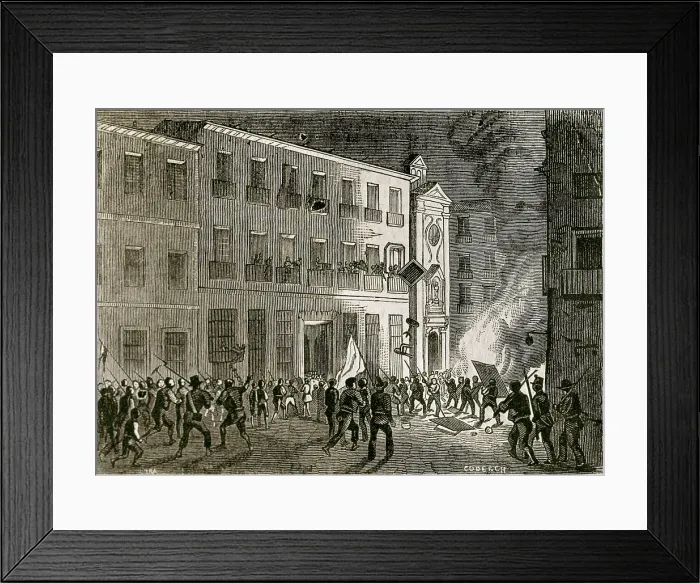 Framed Print : Spain. Revolution of 1854 (Madrid, July). Burning the furniture of the house of Salamanca. Image published in 'La Ilustracin. Peridico Universal'. Etching. SPAIN