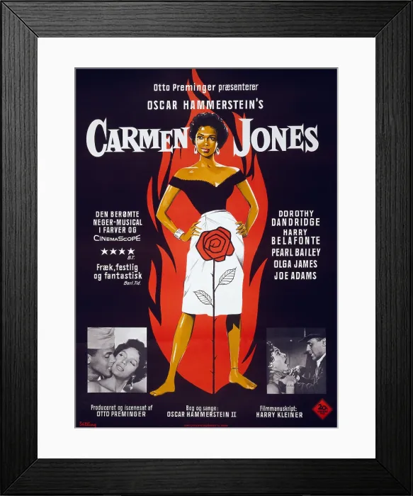 Framed Print : Motion picture poster for CARMEN JONES, shows Dorothy Dandridge as Carmen and Harry Belafonte in scenes from the film