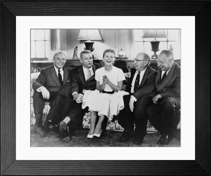 Framed Print : Mary Martin (1913-1990), surrounded by her collaborators prior to the opening of the classic musical comedy, THE SOUND OF MUSIC IN 1959