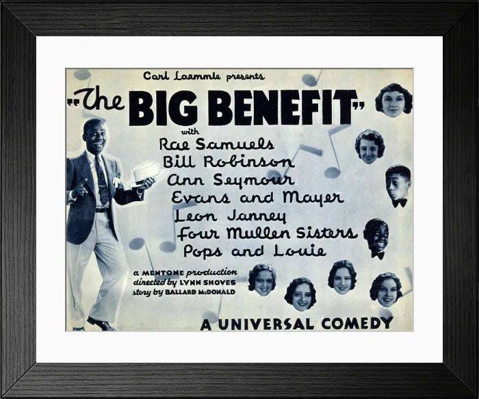 Framed Print : Lobby card for 'The Big Benefit' shows Bill 'Bojangles' Robinson dancing and the faces other stars, including Rae Samuels, Ann Seymour, Evans and Mayer