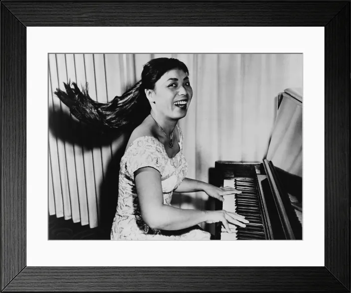 Framed Print : Toshiko Akiyoshi (b. 1929), seated at piano during Toronto rehearsal, ponytail flying in 1958 Framed Print : Toshiko Akiyoshi (b. 1929), seated at piano during Toronto rehearsal, ponytail flying in 1958