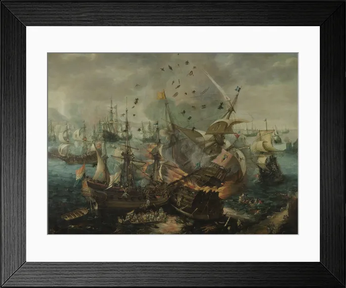 Framed Print : The Explosion of the Spanish Flagship during the Battle of Gibraltar, by Cornelis Van Wieringen, 1621, Dutch painting, oil on canvas. On April 25, 1607