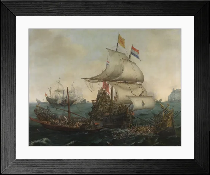 Framed Print : Dutch Ships Ramming Spanish Galleys off the English Coast, October 3, 1602, by Hendrik Vroom and Cornelis Vroom, 1617, Dutch painting, oil on canvas