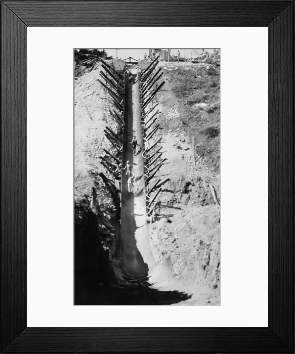 Framed Print : California, California Citrus Heritage Recording Project, view of construction of Gunite invert siphon replacing flume #10 on gage irrigation canal, Riverside County Framed Print : California, California Citrus Heritage Recording Project, view of construction of Gunite invert siphon replacing flume #10 on gage irrigation canal, Riverside County