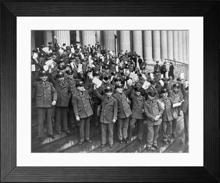 Framed Print : Postmen posed on the steps of the Pennsylvania post office, New York City, holding the new Social Security forms which they are delivering. 1936 Framed Print : Postmen posed on the steps of the Pennsylvania post office, New York City, holding the new Social Security forms which they are delivering. 1936