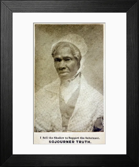 Framed Print : Sojourner Truth (1797-1883) African American and lifelong activist for abolition of slavery and civil rights for freed slaves and women. Carte de visite ca. 1864 Framed Print : Sojourner Truth (1797-1883) African American and lifelong activist for abolition of slavery and civil rights for freed slaves and women. Carte de visite ca. 1864