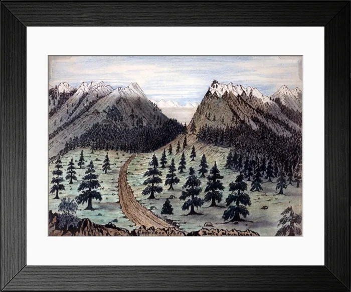 Framed Print : The Oregon Trail. Cherokee Pass, Rocky Mountains. Daniel Jenks, color drawing, 1859 Framed Print : The Oregon Trail. Cherokee Pass, Rocky Mountains. Daniel Jenks, color drawing, 1859