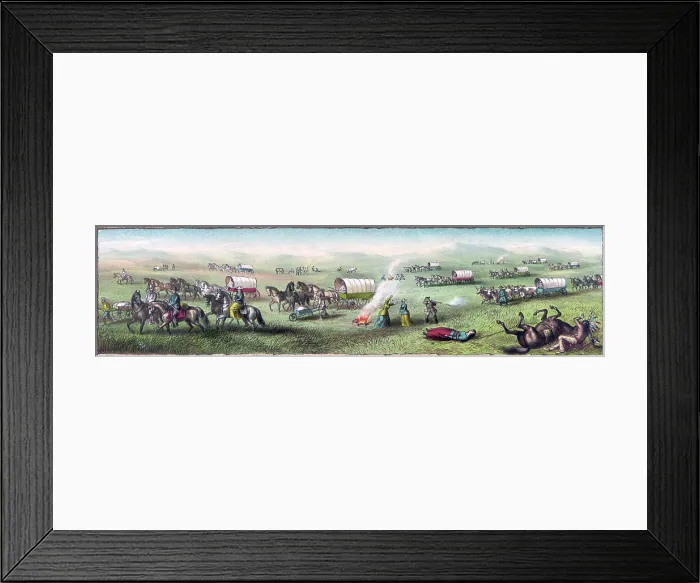 Framed Print : Wagon Train to the West. An imaginary scene of a wagon train with Indian attack. color lithograph, 1887 Framed Print : Wagon Train to the West. An imaginary scene of a wagon train with Indian attack. color lithograph, 1887