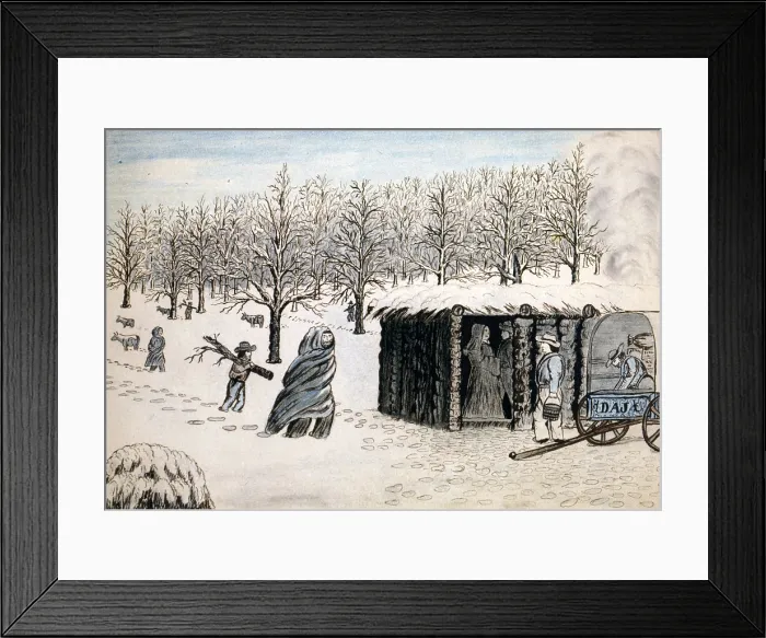 Framed Print : Wagon Train to the West. A wagon train of settlers camped in the snow. Daniel Jenks, color drawing, 1859