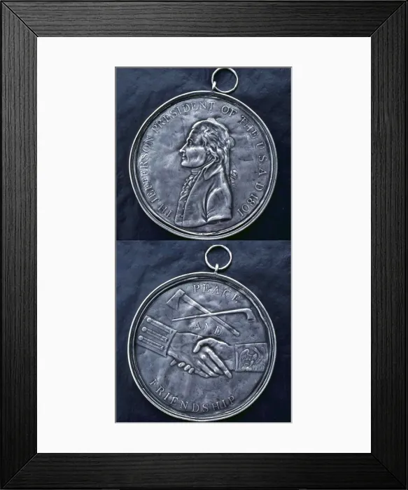 Framed Print : Thomas Jefferson Indian Peace Medal, relief portrait of President Thomas Jefferson in profile (obverse), clasped hands under crossed peace pipe and tomahawk (obverse) Framed Print : Thomas Jefferson Indian Peace Medal, relief portrait of President Thomas Jefferson in profile (obverse), clasped hands under crossed peace pipe and tomahawk (obverse)
