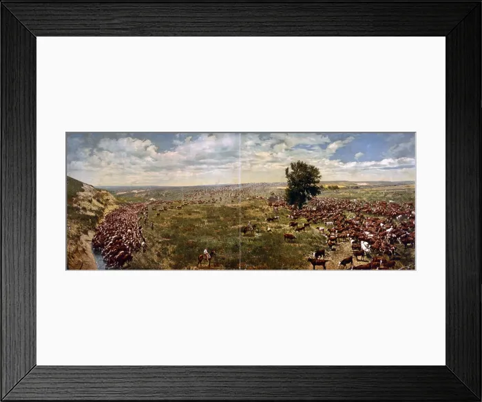 Framed Print : Cowboy, rounding up herd, panoramic photo of cowboys on horseback rounding up cattle, photochrom, 1912