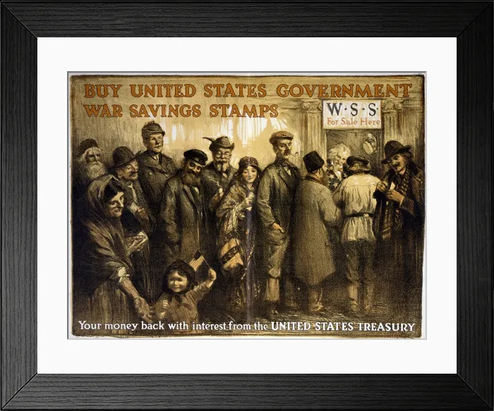 Framed Print : World War I, Poster showing a variety of people lined up at a window tended by Uncle Sam, beneath a sign W.S.S Framed Print : World War I, Poster showing a variety of people lined up at a window tended by Uncle Sam, beneath a sign W.S.S