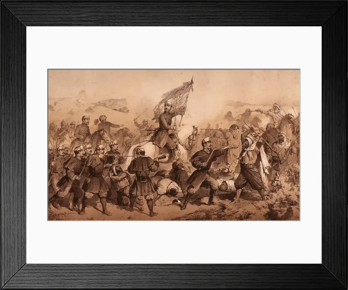Framed Print : Spain. War of Africa (1859-1860). Juan Prim in the batlle of Los Castillejos (1st january 1860). General Prim with the banner of the Cordoba regiment. Litography. SPAIN. Reus