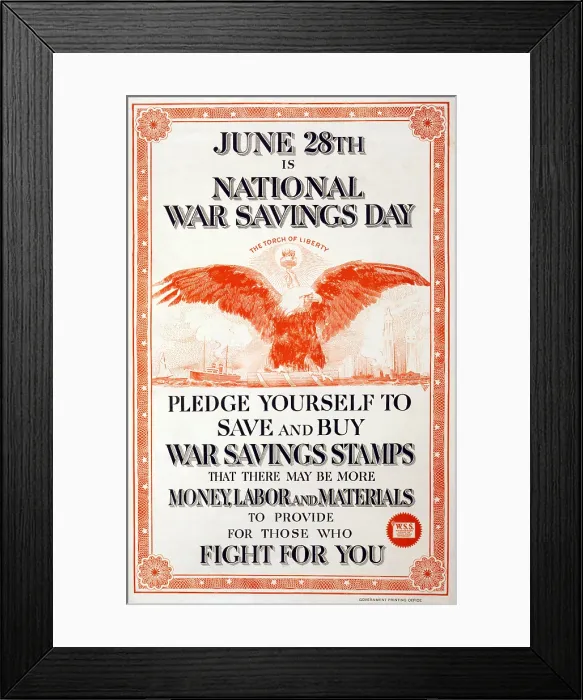 Framed Print : World War I, Poster in the style of a stock certificate, decorated with an eagle and The torch of Liberty. 1918