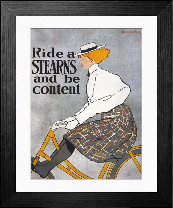 Framed Print : Ride a Stearns and be content. Poster advertising Stearns bicycles, showing a woman cyclist. Edward Penfield chromolithograph ca. 1896 Framed Print : Ride a Stearns and be content. Poster advertising Stearns bicycles, showing a woman cyclist. Edward Penfield chromolithograph ca. 1896