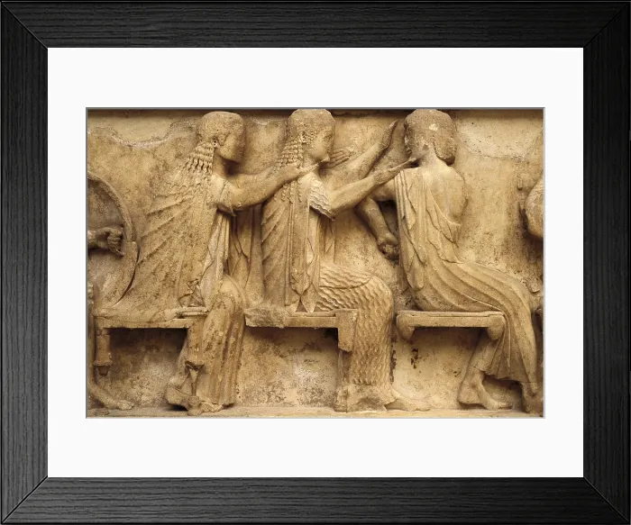 Framed Print : Pediment and frieze from the treasury of the Siphnians. ca. 525 BC. Detail of the eastern frieze. Aphrodite and Artemis talking to Apollo. Archaic Greek art. Relief on marble