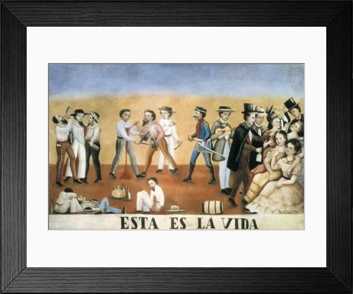 Framed Print : Esta es la vida (This is Life). Satirical depiction of the decadence of some parts of Mexico, with drunkards, prostitutes and murderers. Anonymous mexican work c. 1850