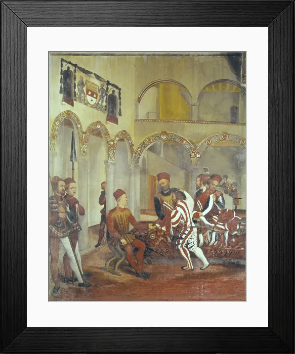 Framed Print : FOGOLINO, Marcello (1483-1553). ITALY. Bergamo. Malpaga Castle. Preparing for feast in honor of King Christian of Denmark in courtyard at Malpaga Castle. Renaissance art. Fresco Framed Print : FOGOLINO, Marcello (1483-1553). ITALY. Bergamo. Malpaga Castle. Preparing for feast in honor of King Christian of Denmark in courtyard at Malpaga Castle. Renaissance art. Fresco