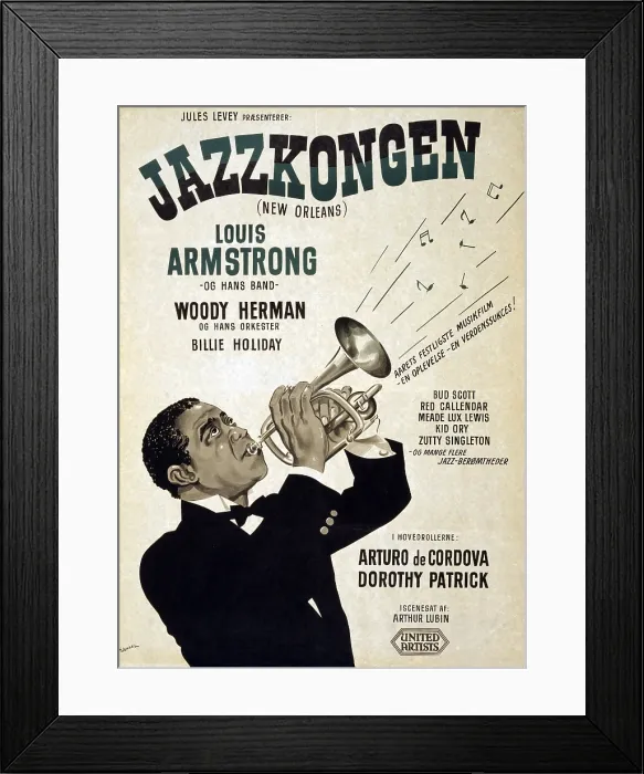 Framed Print : Motion picture poster for Swedish release of NEW ORLEANS (1947), showing star Louis Armstrong playing the trumpet. Bessie Smith and Woody Herman are also listed as cast members Framed Print : Motion picture poster for Swedish release of NEW ORLEANS (1947), showing star Louis Armstrong playing the trumpet. Bessie Smith and Woody Herman are also listed as cast members