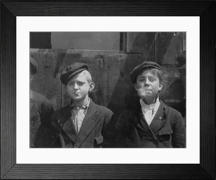 Framed Print : Boys smoking, original caption: A.M. Monday, newsies at Skeeter's branch They were all smoking. St. Louis, Missouri, photograph by Lewis Wickes Hine, May 9, 1910