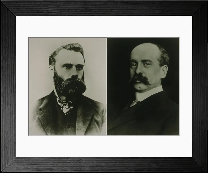 Framed Print : Charles Dow and Edward Jones, cofounded the Dow Jones & Company in 1882, a Wall Street financial news service, that became THE WALL STREET JOURNAL in 1889. Photos. Ca. 1900