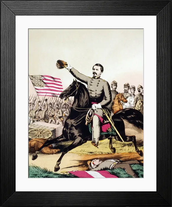 Framed Print : George McClellan (1826-1885) on galloping ahead of his staff and army in a popular print of 1862 Framed Print : George McClellan (1826-1885) on galloping ahead of his staff and army in a popular print of 1862