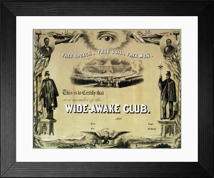 Framed Print : Membership certificate for the Wide-Awake Club, a Republican marching club formed in February or March 1860 throughout the North during the election campaign