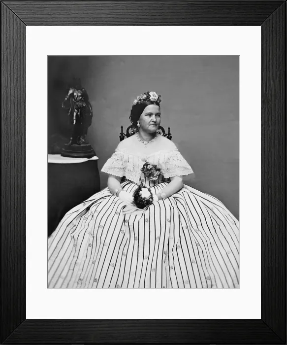 Framed Print : Mary Todd Lincoln (1818-1882), wife of Abraham Lincoln, in a ball gown and flowers in her hair. She was both admired and criticized for her stylish extravigence