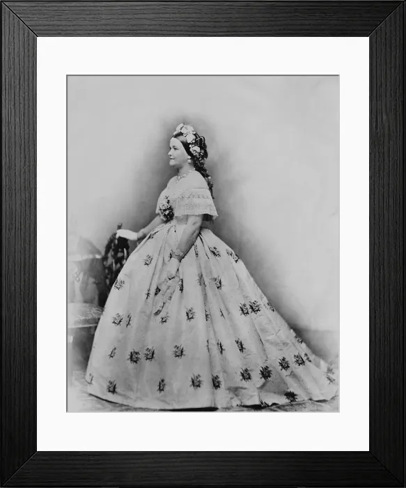 Framed Print : Mary Todd Lincoln (1818-1882), as First Lady, in embroidered ball gown with flowers in her hair. Photography by Brady