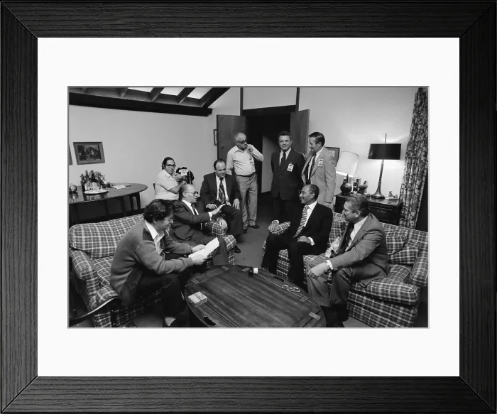 Framed Print : Menahem Begin and Anwar Sadat with members of the Israeli and Egyptian delegation at Camp David Framed Print : Menahem Begin and Anwar Sadat with members of the Israeli and Egyptian delegation at Camp David
