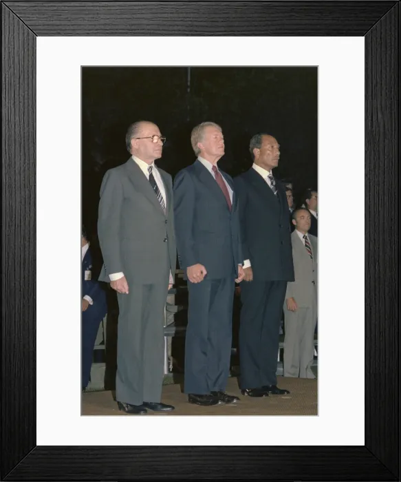 Framed Print : Menahem Begin Jimmy Carter and Anwar Sadat attending a military exhibition during the Camp David Summit. Sept. 7 1978 Framed Print : Menahem Begin Jimmy Carter and Anwar Sadat attending a military exhibition during the Camp David Summit. Sept. 7 1978