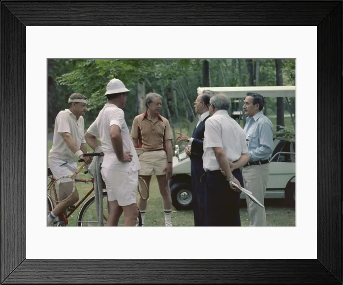 Framed Print : Menahem Begin meets with Jimmy Carter Zbigniew Brzezinski and Cyrus Vance after a tennis match at Camp David. Sept 5-17 1978