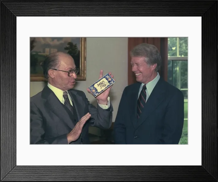 Framed Print : Israeli Prime Minister Menahem Begin presents Jimmy Carter with a welcoming Shalom Ya'll card in the White House Oval Office. March 2 1979 Framed Print : Israeli Prime Minister Menahem Begin presents Jimmy Carter with a welcoming Shalom Ya'll card in the White House Oval Office. March 2 1979