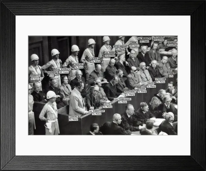 Framed Print : Nazi World War II leaders in the prisoners box at the war crimes trial at Nuremberg, Germany Framed Print : Nazi World War II leaders in the prisoners box at the war crimes trial at Nuremberg, Germany