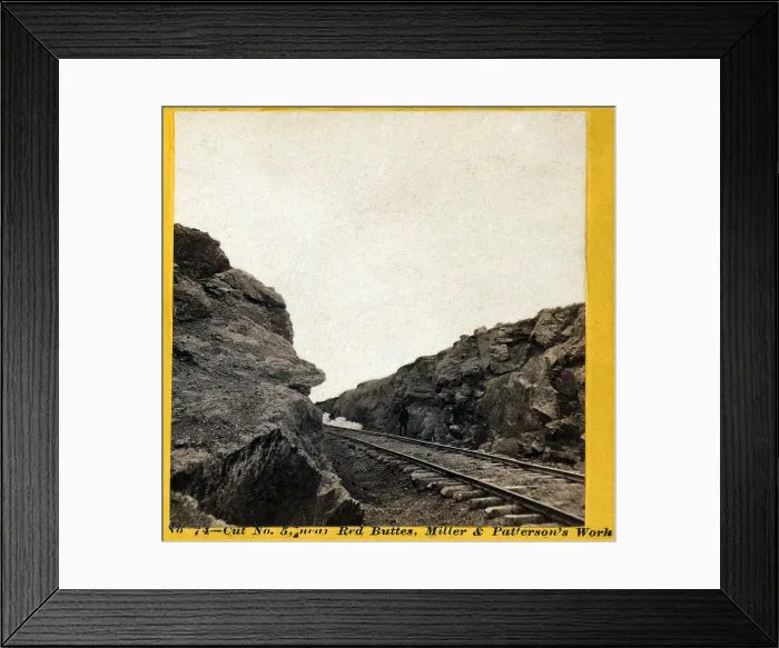 Framed Print : Cut No. 5, railroad tracks running through channel cut in rocks near Red Buttes, Albumen print, photo by Andrew J. Russell, 1868