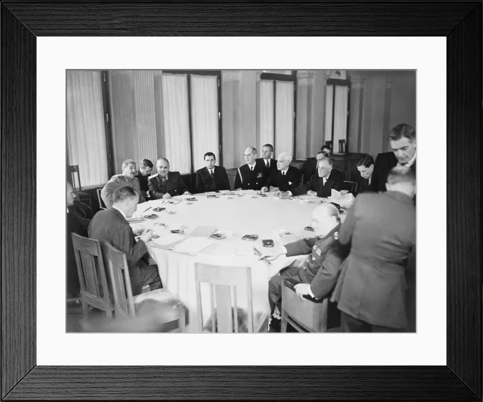 Framed Print : President Franklin D. Roosevelt, Prime Minister Winston Churchill and Marshal Joseph Stalin are shown with others around the conference table at Yalta, Crimea, in the Soviet Union