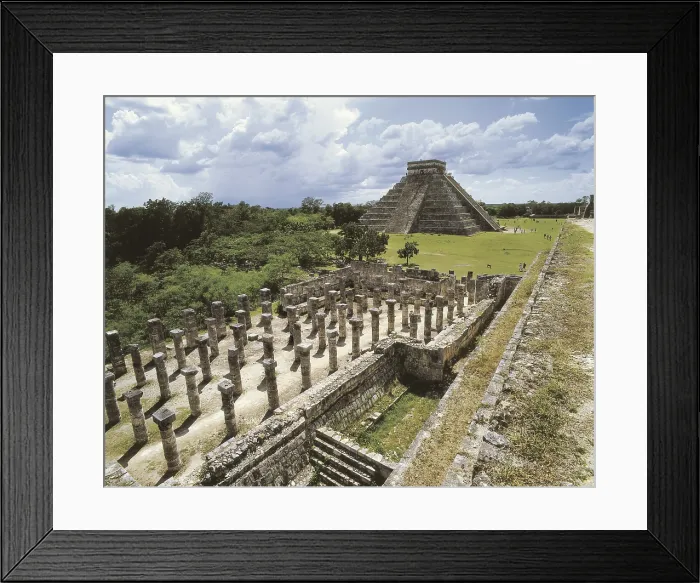 Framed Print : MEXICO. YUCATN. Chichn Itz. Group of the Thousand Columns surrounding the Temple of Warriors (Maya art, 1150). In the background, the Castle or Kukulkan's Pyramid. Maya art