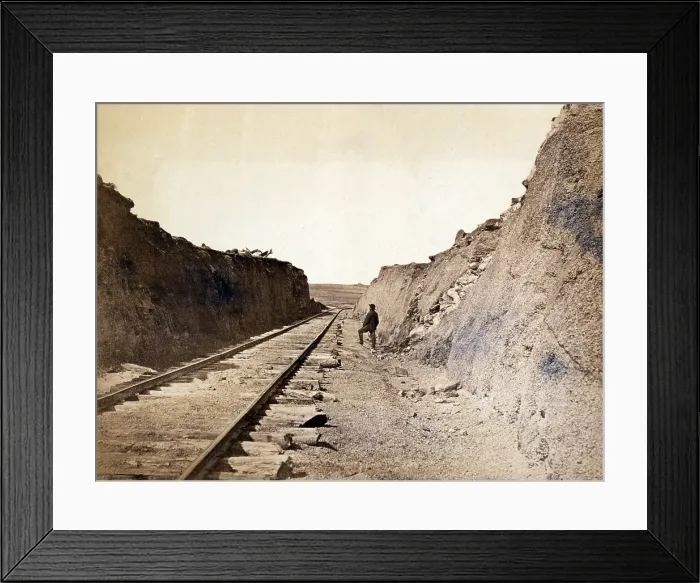 Framed Print : Malloy's cut - Central Pacific railroad tracks at Malloy's cut in the Laramie Mountains. Sherman Station, Laramie Range. Albumen print, photo by Andrew J. Russell, 1868