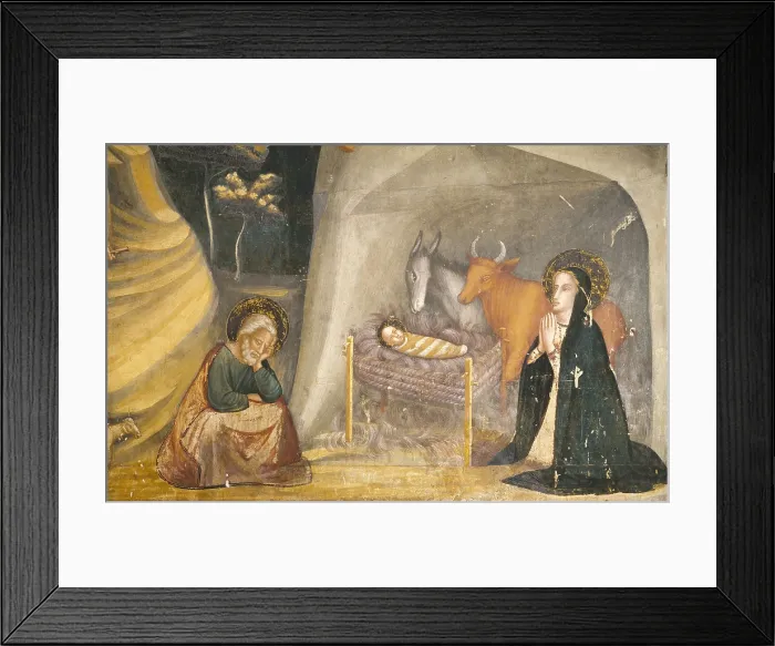 Framed Print : BASSA, Ferrer (1290-1348). Frescoes of the St Michael Chapel: Scenes of the Joys of Virgin Mary. 1343. SPAIN. Barcelona. Monastery of Pedralbes. Nativity. Gothic art. Fresco. - P Framed Print : BASSA, Ferrer (1290-1348). Frescoes of the St Michael Chapel: Scenes of the Joys of Virgin Mary. 1343. SPAIN. Barcelona. Monastery of Pedralbes. Nativity. Gothic art. Fresco. - P