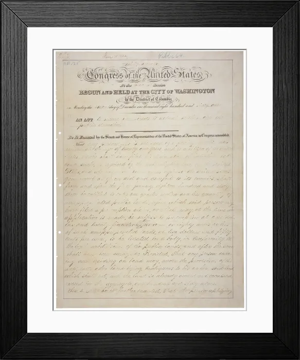 Framed Print : Homestead Act. A United States Federal law that gave an applicant freehold title to 160 acres (one quarter section or about 65 hectares)