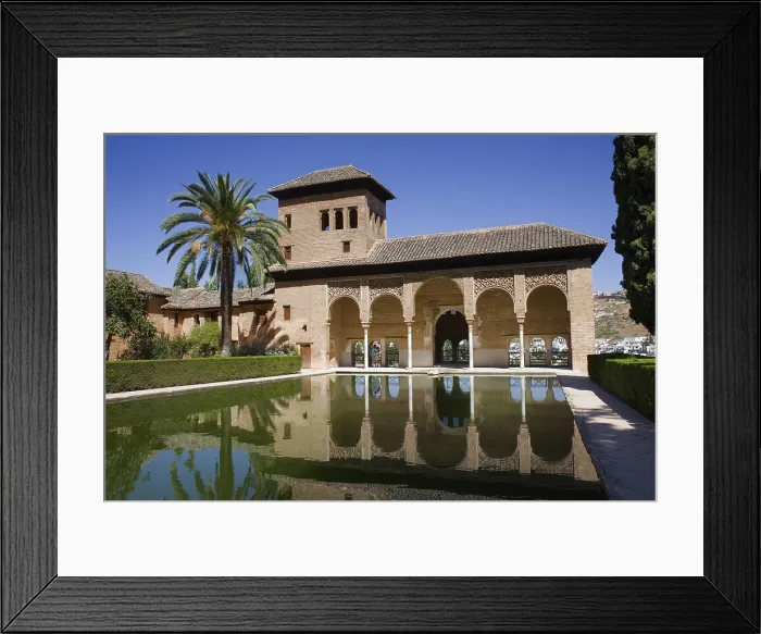 Framed Print : Alhambra. SPAIN. Granada. Alhambra. Partal Gardens and Tower of Damas. Hispano-Moresque art. Nasrid dynasty. Architecture Framed Print : Alhambra. SPAIN. Granada. Alhambra. Partal Gardens and Tower of Damas. Hispano-Moresque art. Nasrid dynasty. Architecture