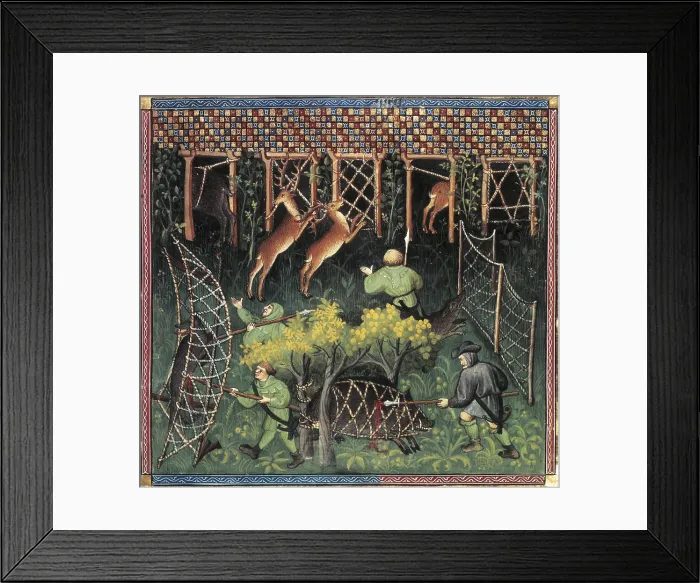 Framed Print : GASTON III de Foix-Bearn (1331 - 1391). Book of the Hunt (Livre de Chasse). 1387 - 1389. Hunting of deer and wild boar with nets. Illustration of 15th c. Gothic art