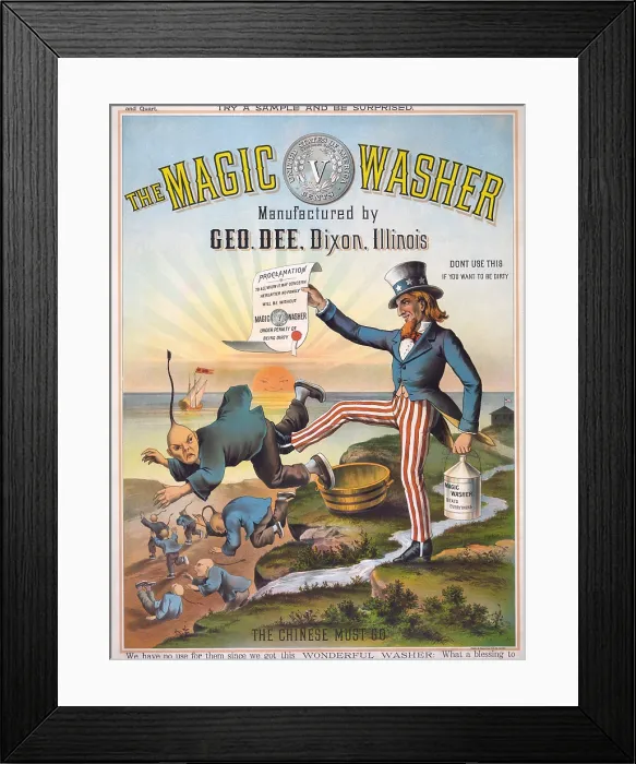 Framed Print : The magic washer. The Chinese must go. Cartoon showing Uncle Sam, with proclamation and can of Magic Washer, kicking Chinese out of the United States. color lithograph, 1886