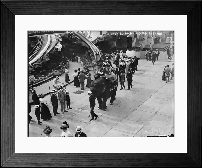Framed Print : Riding an elephant in Coney Island, New York City, 1911 Framed Print : Riding an elephant in Coney Island, New York City, 1911