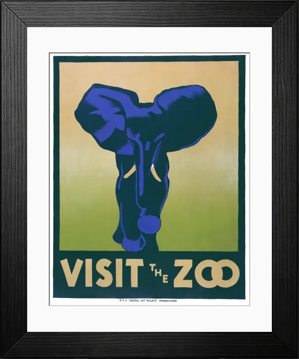 Framed Print : Poster promoting the zoo as a place to visit, showing an elephant, reads: Visit the zoo, designed by Hugh Stevenson, for the Works Progress Administration, 1937 Framed Print : Poster promoting the zoo as a place to visit, showing an elephant, reads: Visit the zoo, designed by Hugh Stevenson, for the Works Progress Administration, 1937