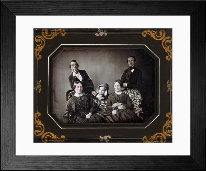 Framed Print : Three women and two men and a sofa, hand painted quarter-plate daguerreotype, circa 1840-1860