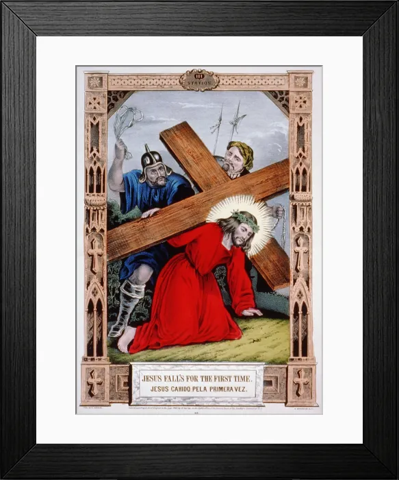 Framed Print : Jesus Christ, Jesus falls for the first time, hand colored lithograph, published by N. Currier, 1848 Framed Print : Jesus Christ, Jesus falls for the first time, hand colored lithograph, published by N. Currier, 1848