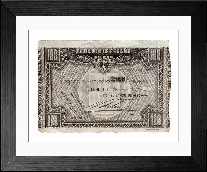 Framed Print : Spain. Civil War (1937). 100 pesetas bill issued by the Bank of Spain in Bilbao. Coin. AISA / Everett Collection**US SALES ONLY**