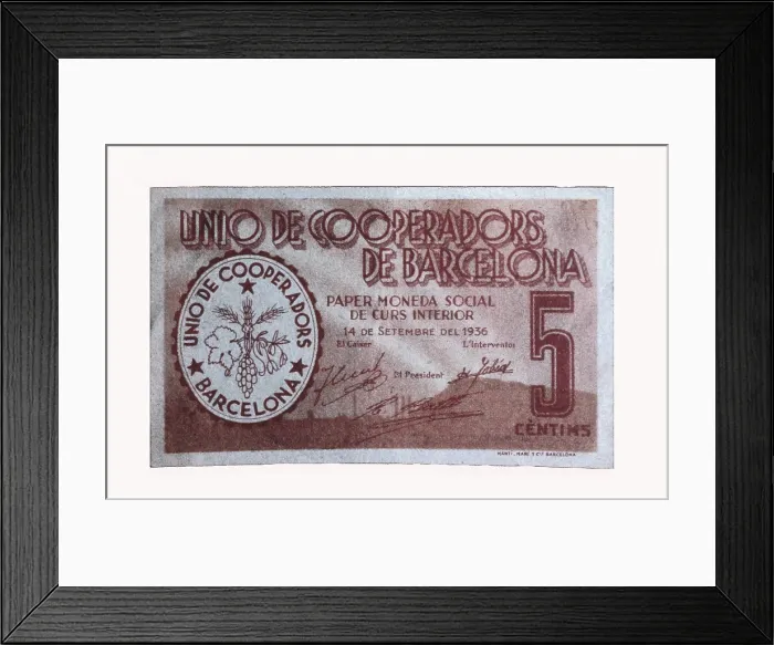 Framed Print : Spain. Civil War (1936-1939). 5 cents note issued by the Union de Cooperadores of Barcelona (September 1936), of interior currency. Coin. SPAIN. Madrid. National Mint Museum