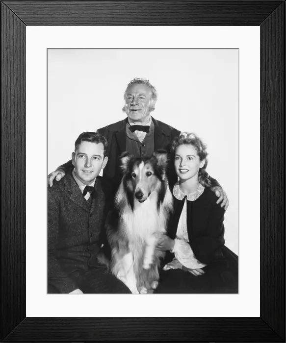 Framed Print : HILLS OF HOME, front from left: Tom Drake, Lassie, Janet Leigh, Edmund Gwenn (rear), 1948